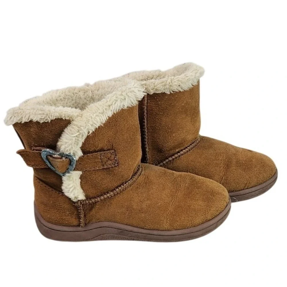 Kids Brown Faux Fur Lined Boots Heart Buckle Cozy‎ Winter Warm Size 8